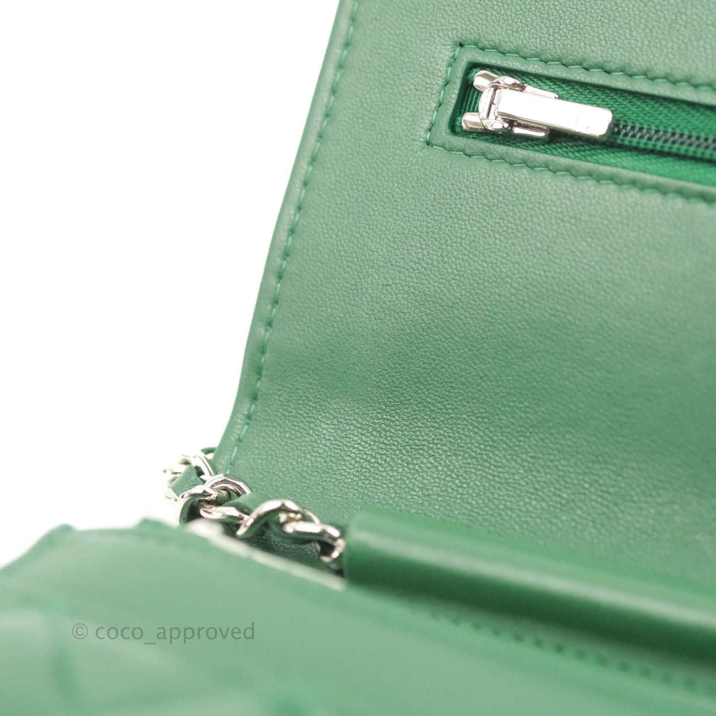 Chanel Quilted Classic Wallet on Chain WOC Green Lambskin Silver Hardware