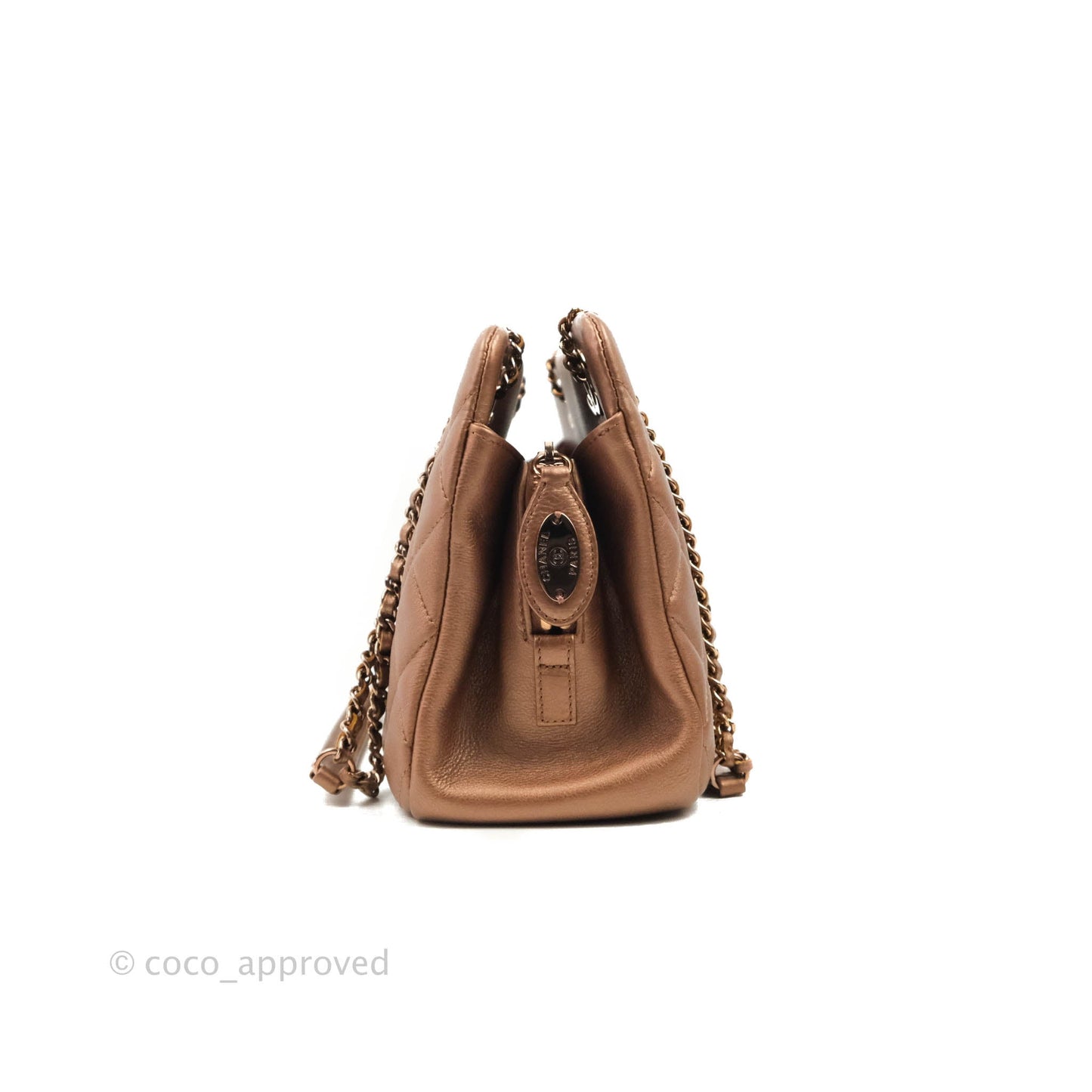 Chanel Iridescent Goatskin Quilted Small CC Eyelet Tote Copper Rose Gold