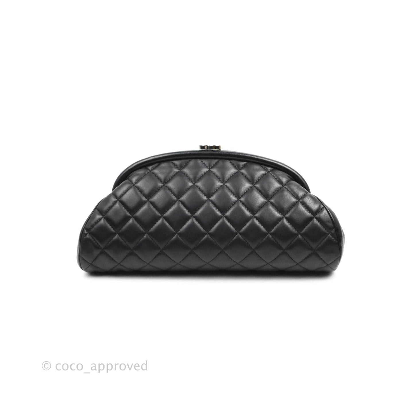 Chanel Quilted Timeless Kisslock Clutch Black Lambskin Silver Hardware