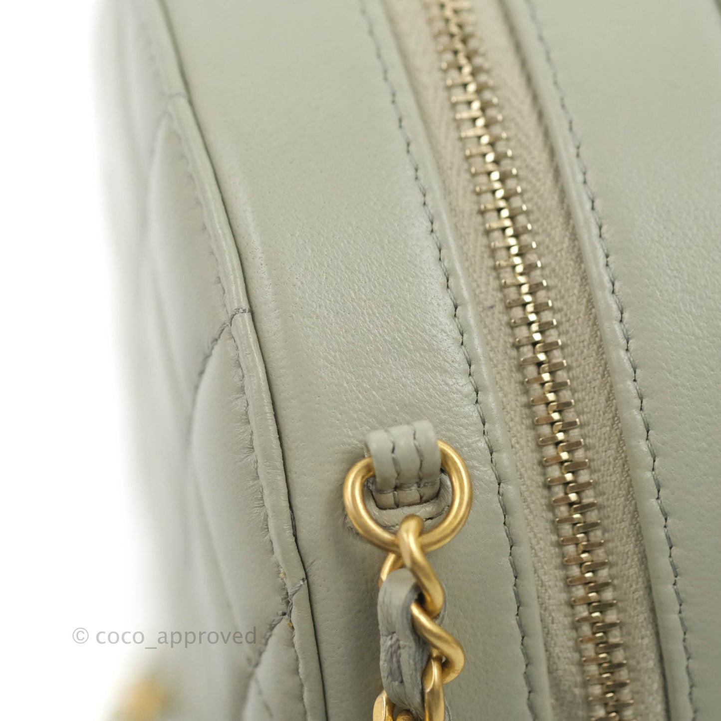 Chanel Quilted Round Pearl Crush Clutch With Chain Grey Lambskin Aged Gold Hardware
