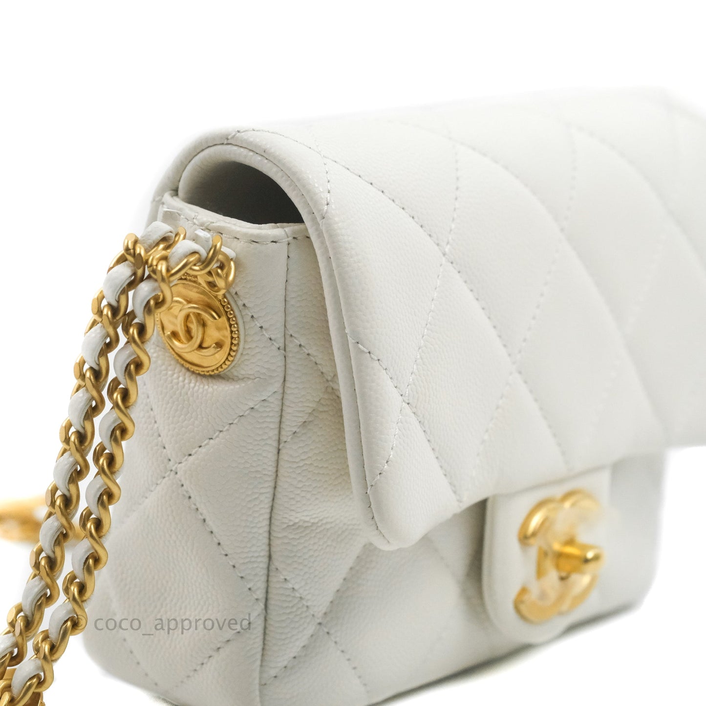 Chanel Mini Flap with Coin Charm White Caviar Aged Gold Hardware 22A