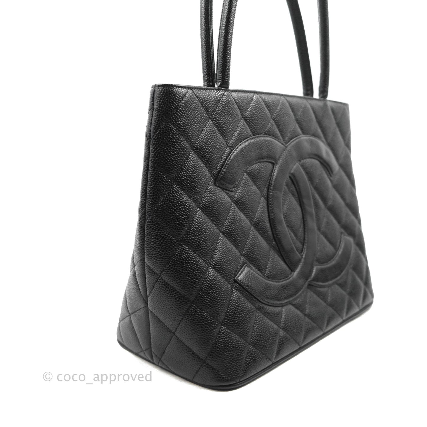 Chanel Medallion Vintage CC Black Caviar Tote Bag Silver Hardware