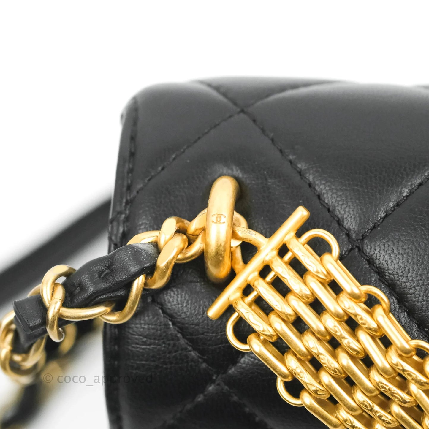 Chanel Quilted Small Flap Bag with CC Crystal Logo Handle Black Lambskin Aged Gold Hardware