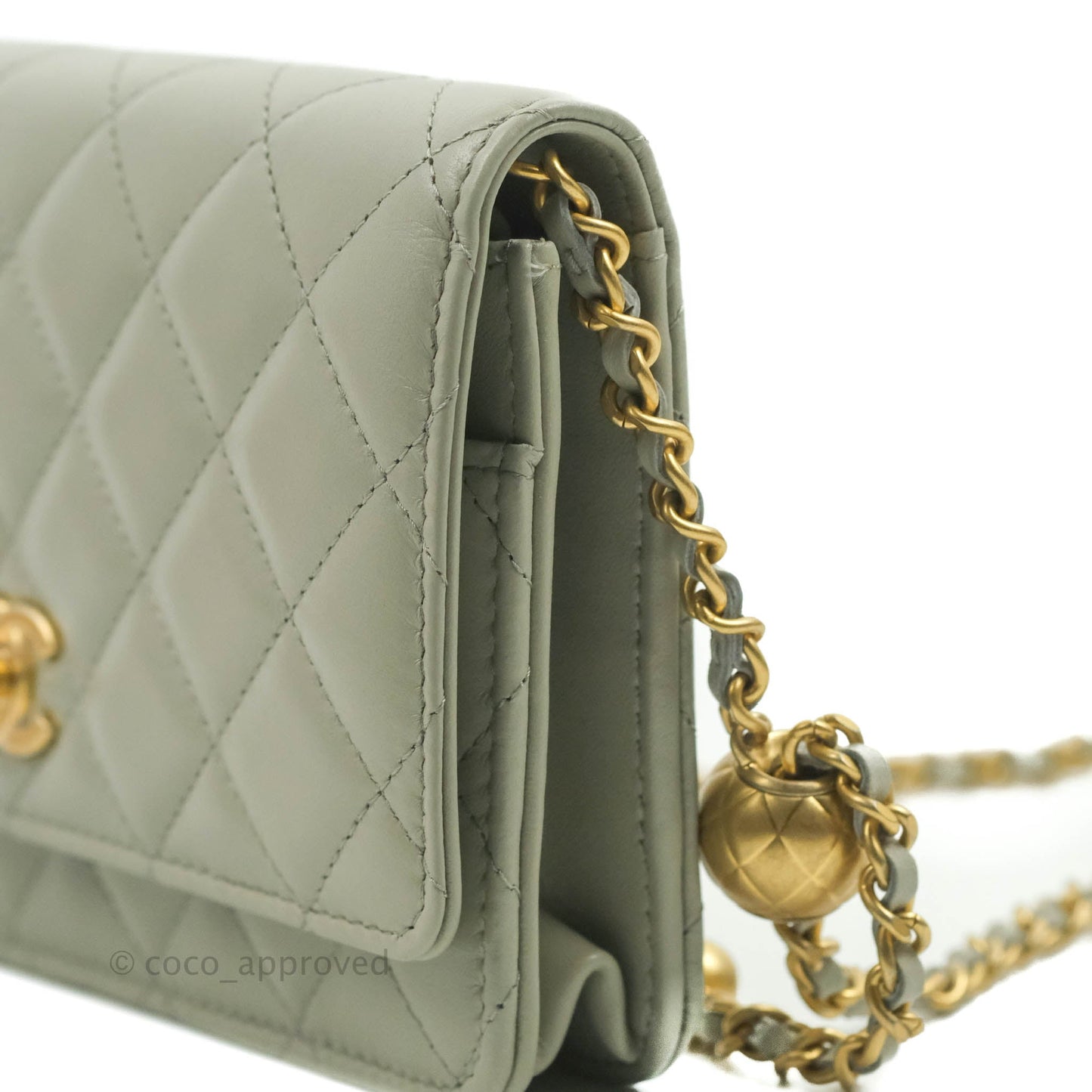 Chanel Quilted Pearl Crush Wallet on Chain WOC Light Grey Lambskin Aged Gold Hardware 22C