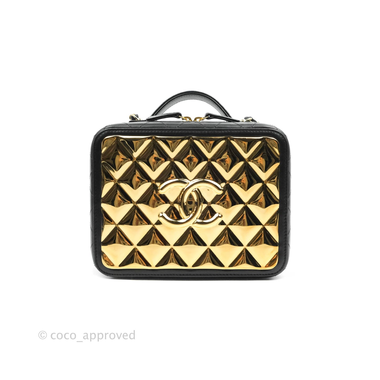 Chanel Quilted Golden Plate Vanity Case Black Lambskin Gold Hardware