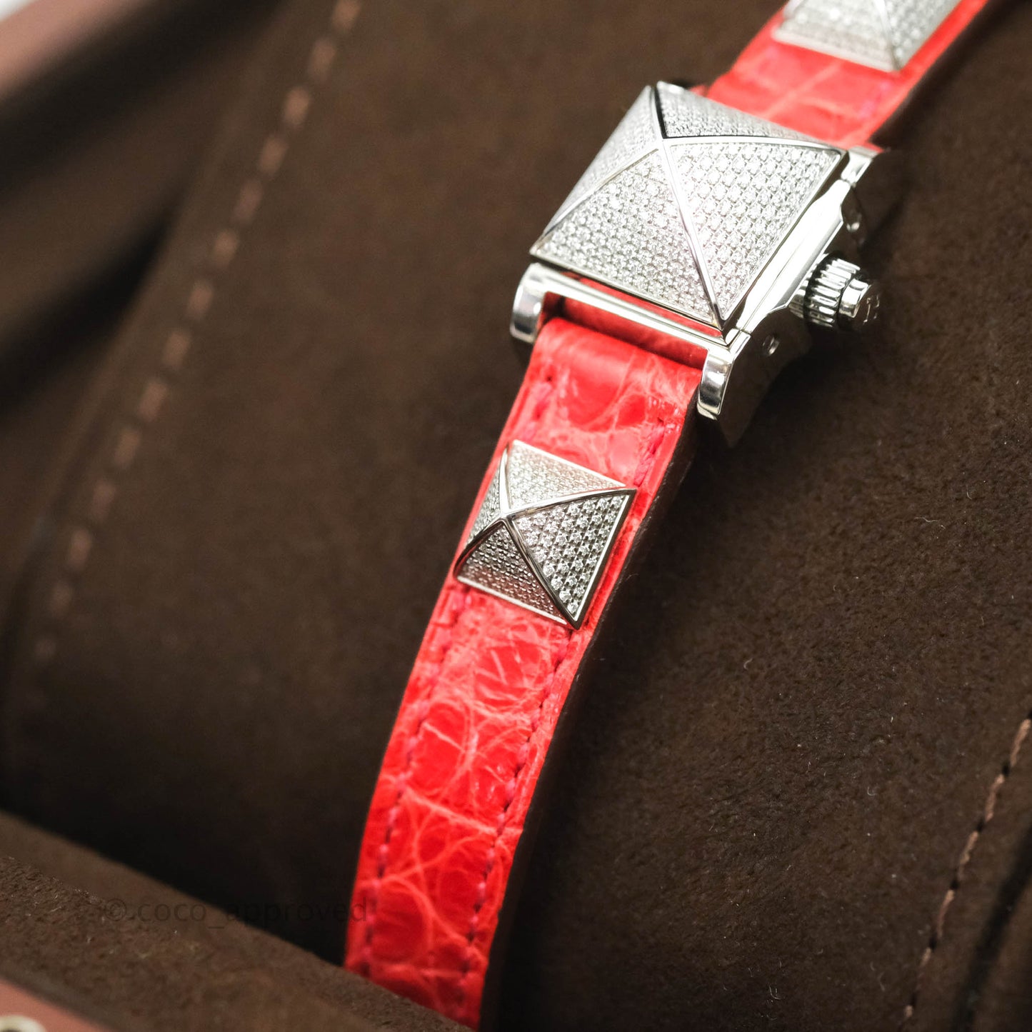 Hermes Pave Diamond Medor Red Crocodile Watch Bracelet Palladium Hardware