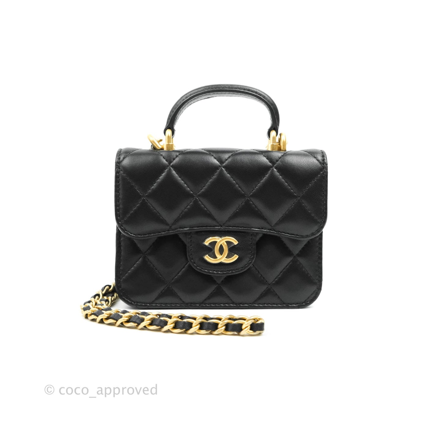 Chanel Mini Handle Flap Coin Purse With Chain Black Lambskin Gold Hardware