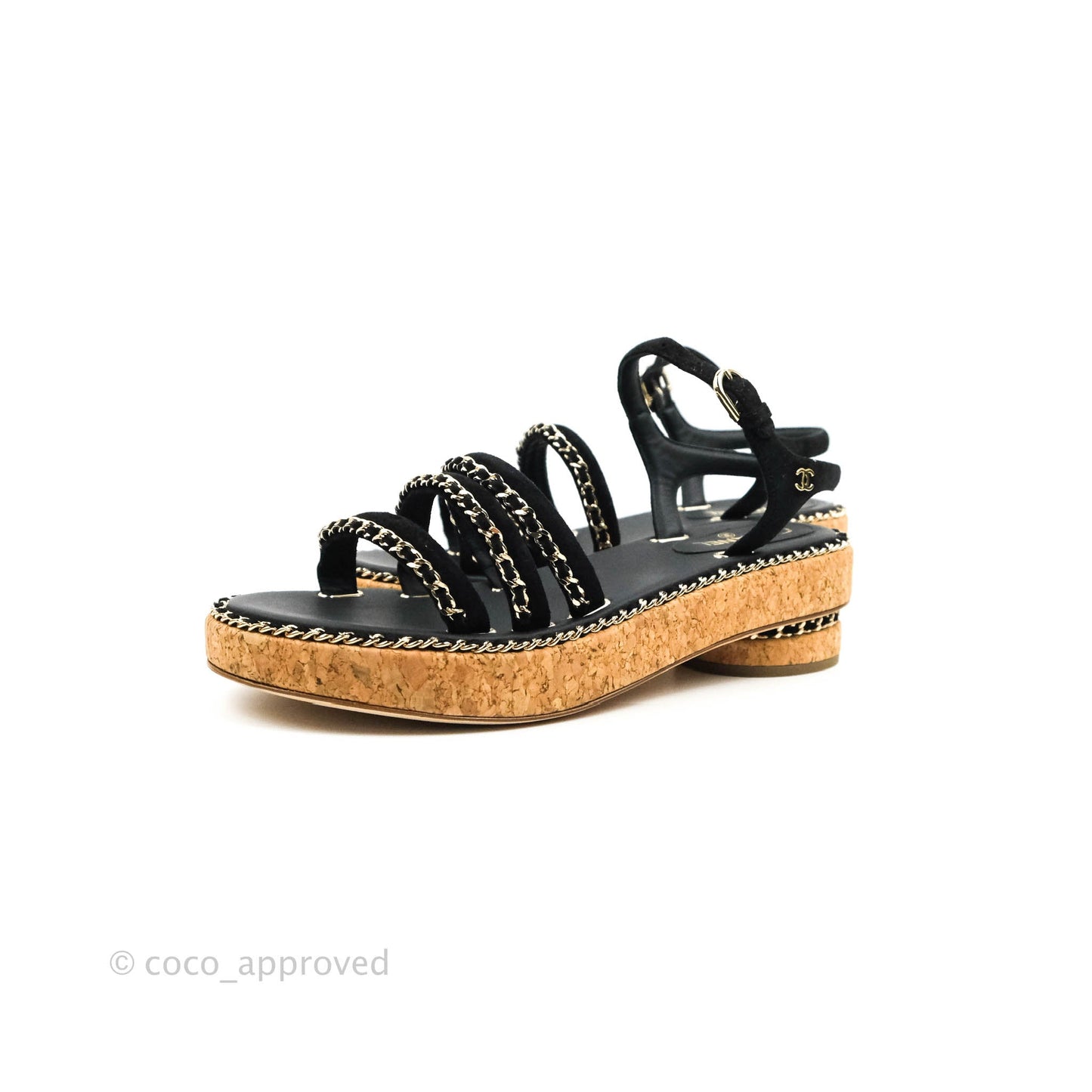 Chanel CC Chain Cork Sandals Black Size 37.5