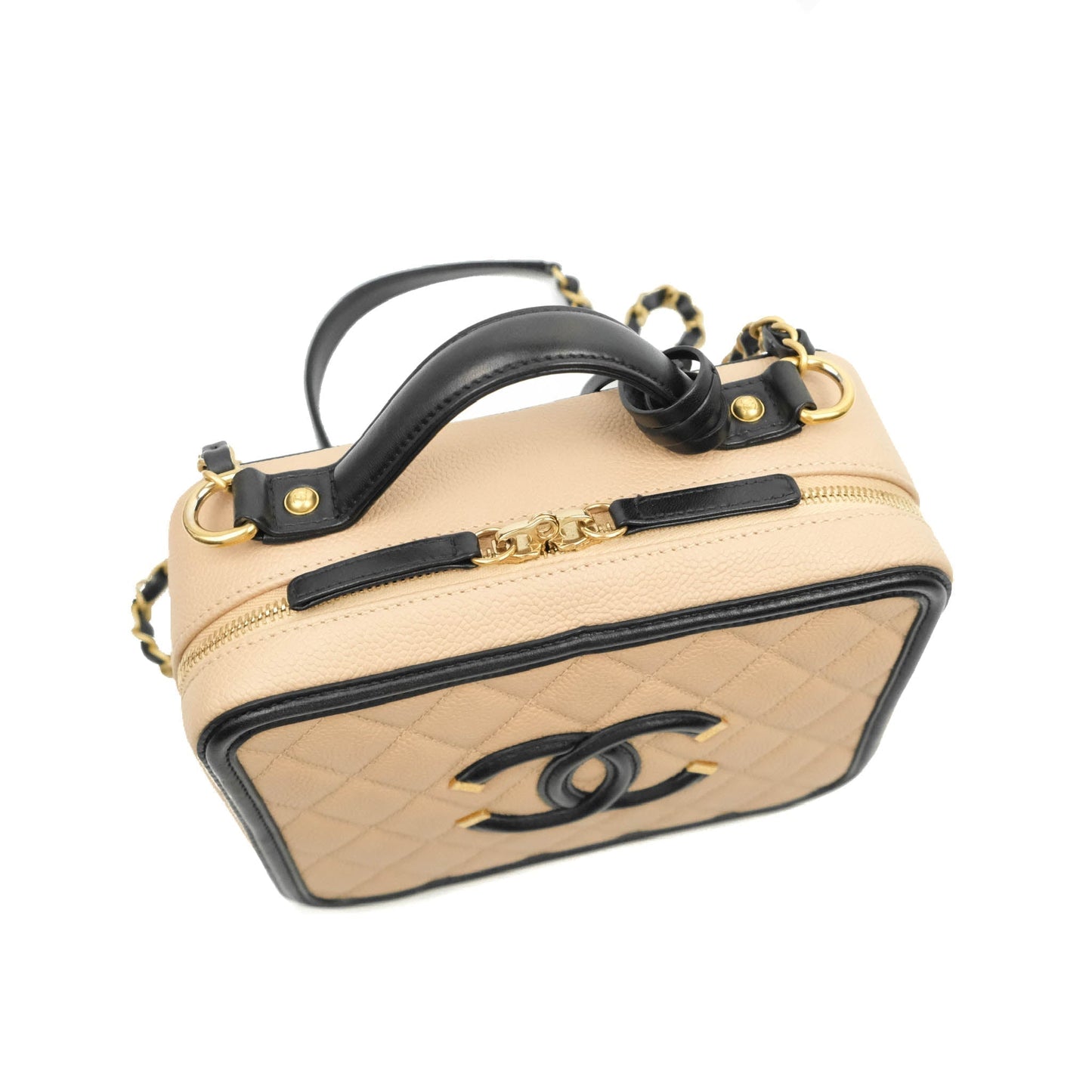 Chanel Quilted Medium CC Filigree Vanity Case Beige Caviar Gold Hardware