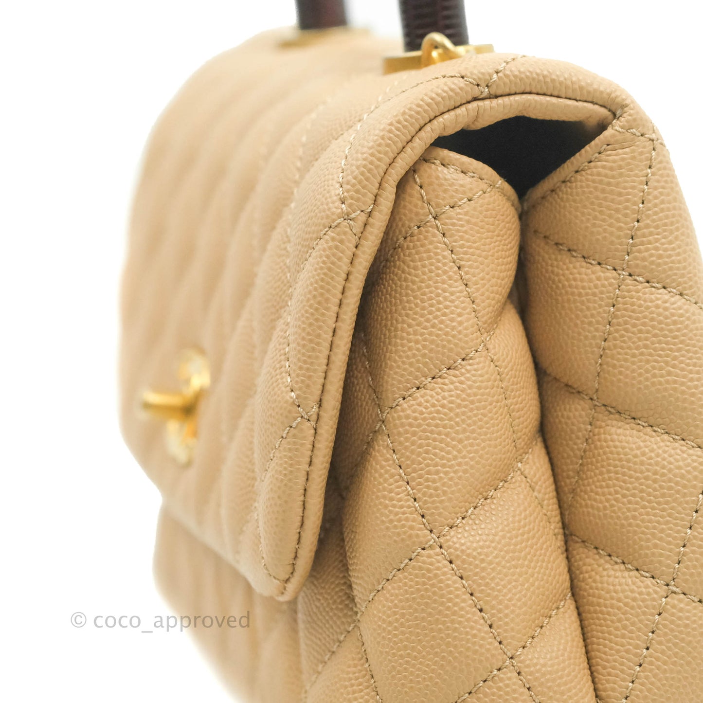 Chanel Small Coco Handle Quilted Beige Caviar Gold Hardware Lizard Embossed Handle