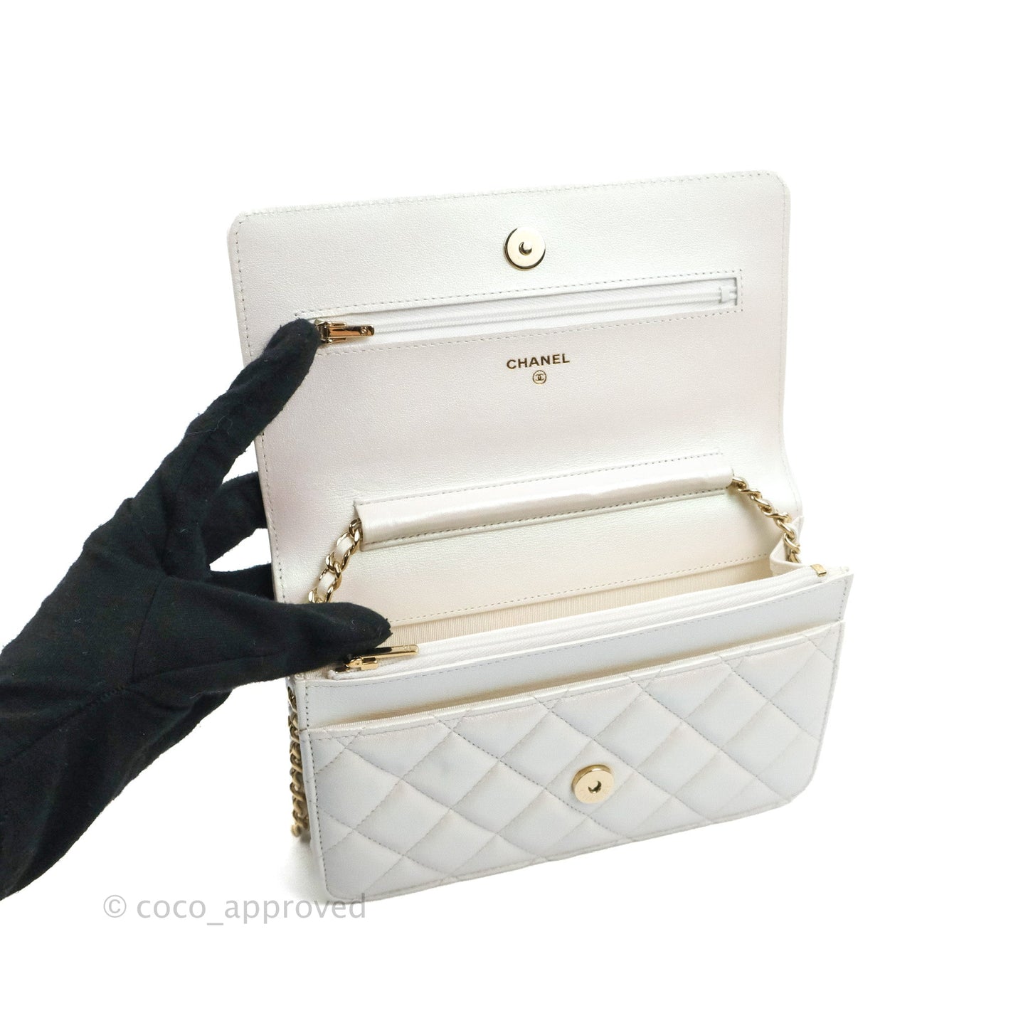 Chanel Quilted Classic Wallet on Chain WOC Iridescent White Lambskin Gold Hardware