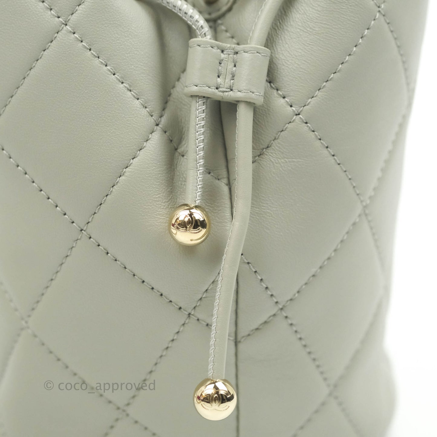 Chanel Quilted Drawstring Bucket Bag Grey Lambskin Gold Hardware 22C