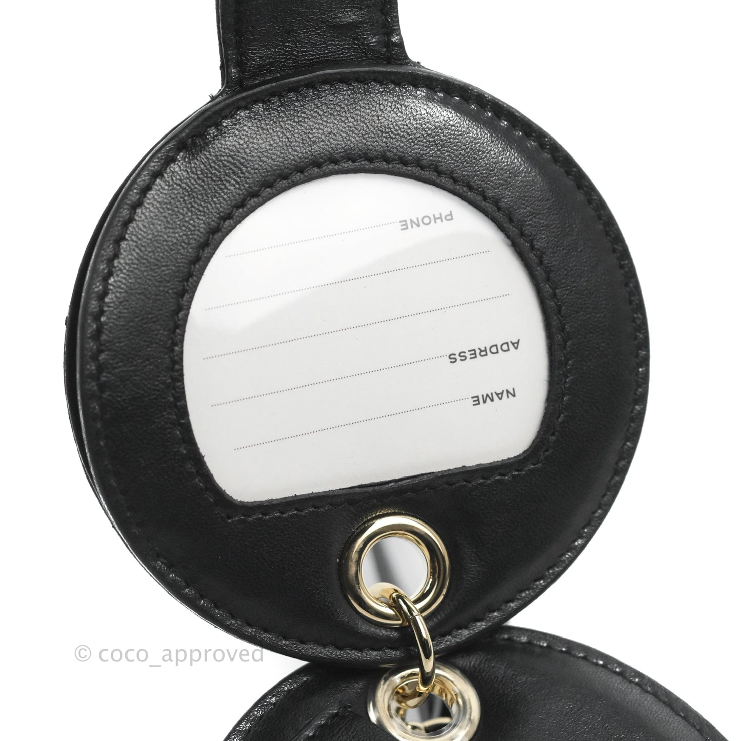 Chanel Quilted Round Luggage Tag Black Lambskin Gold Hardware