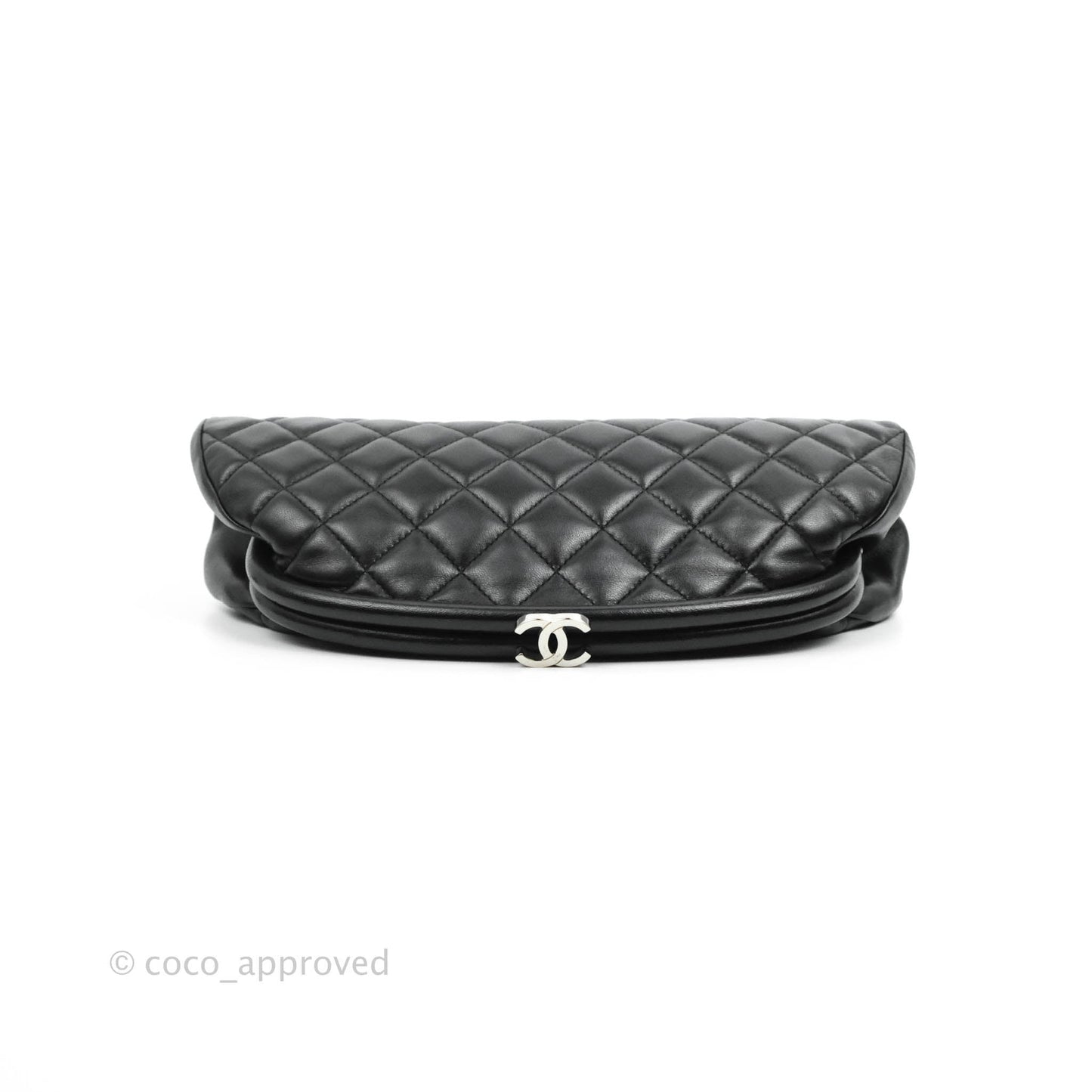 Chanel Quilted Timeless Kisslock Clutch Black Lambskin Silver Hardware