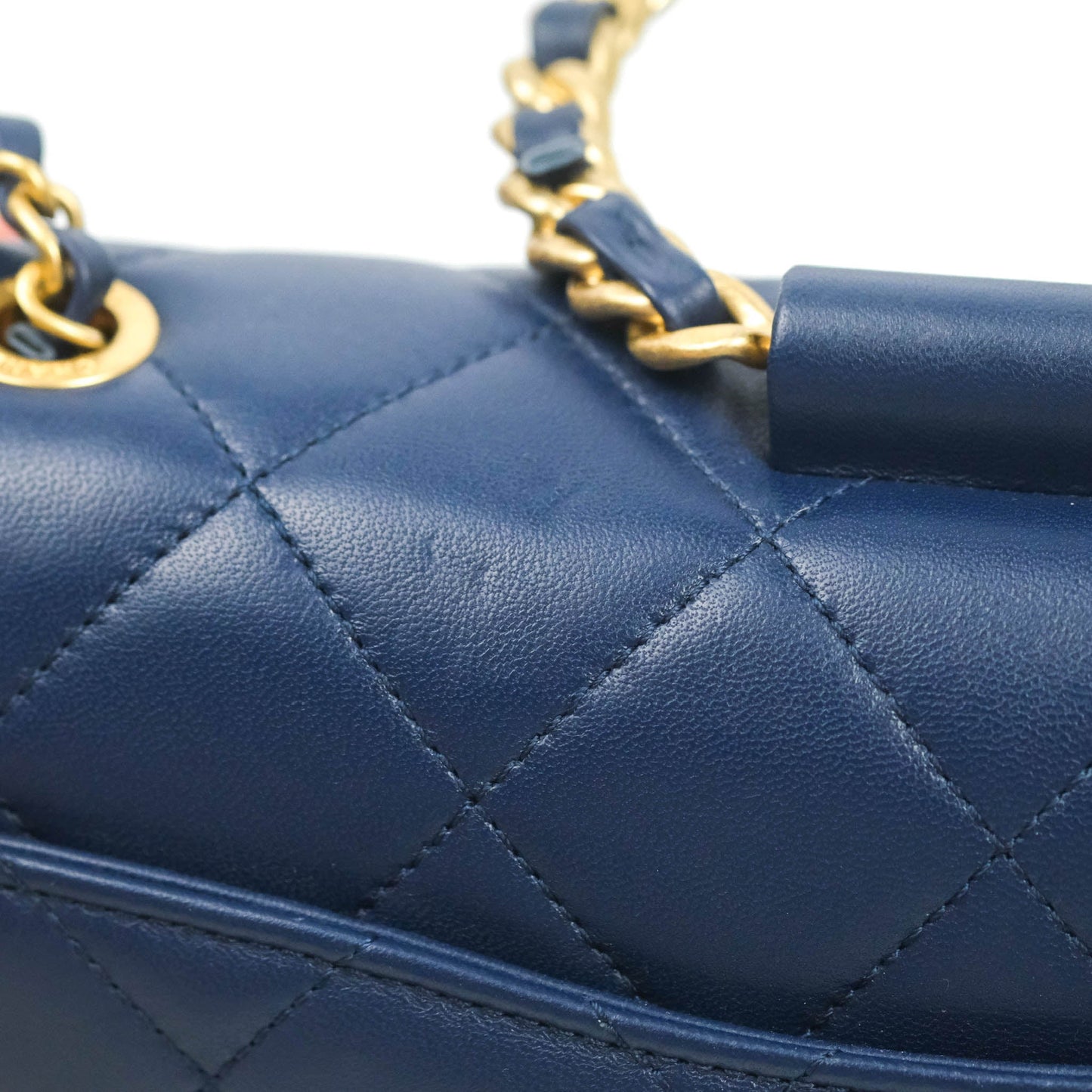Chanel Circular Handle Flap Bag Navy Lambskin Aged Gold Hardware