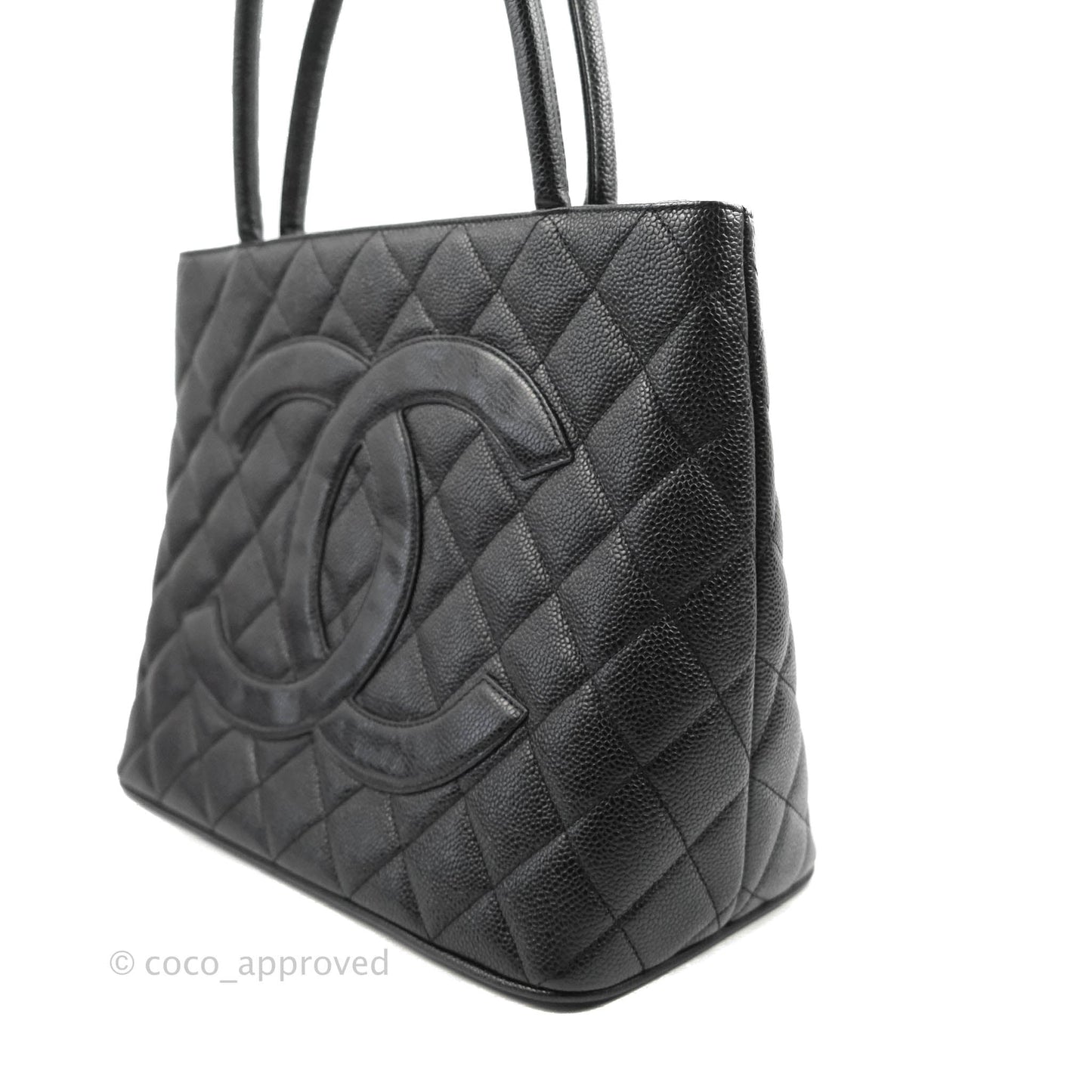 Chanel Medallion Vintage CC Black Caviar Tote Bag Silver Hardware