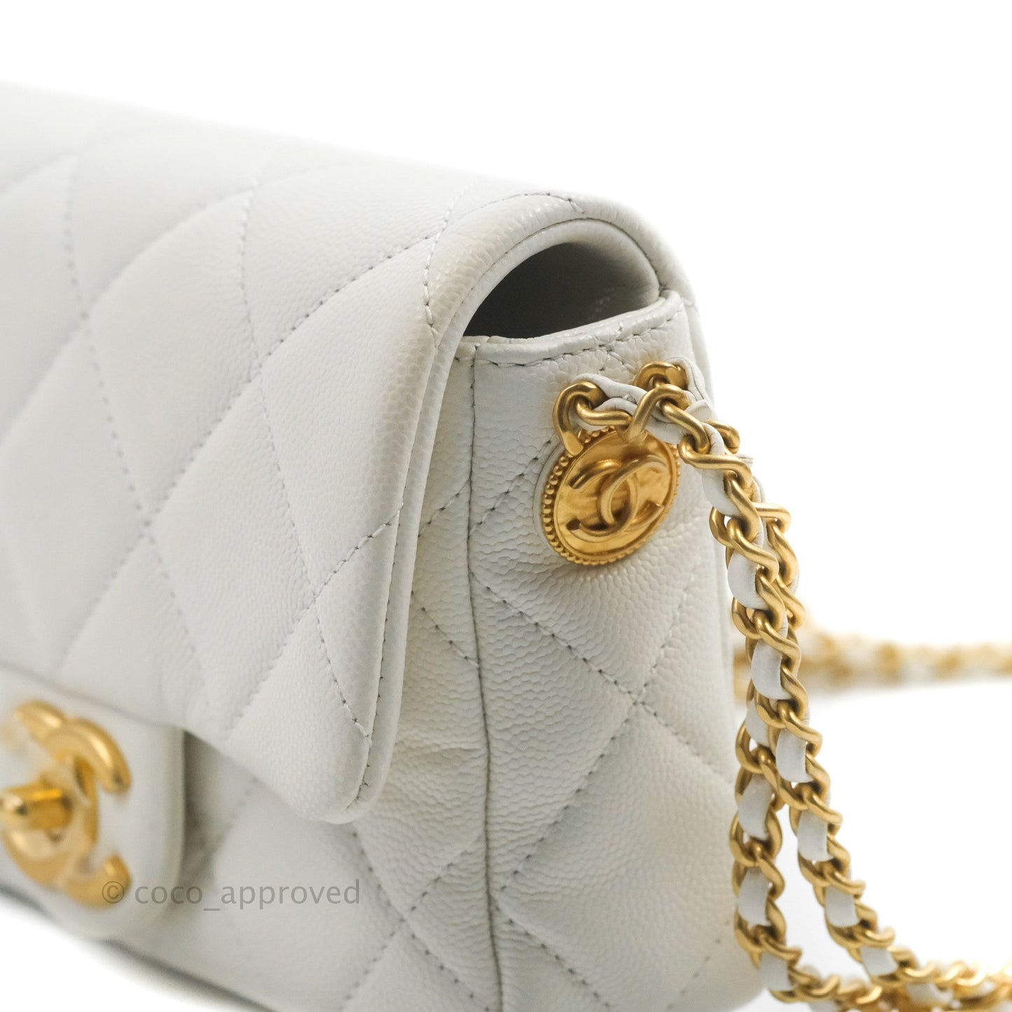 Chanel Mini Flap with Coin Charm White Caviar Aged Gold Hardware 22A
