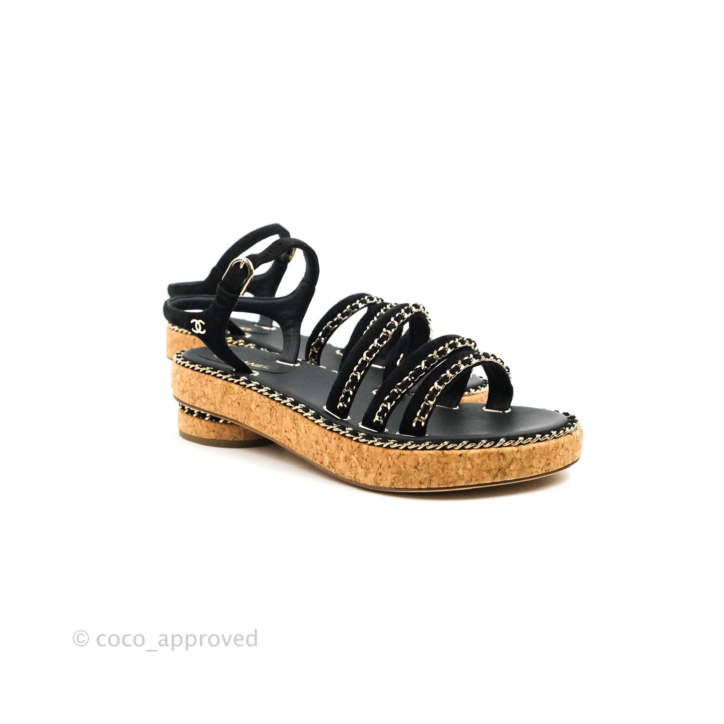 Chanel CC Chain Cork Sandals Black Size 37.5