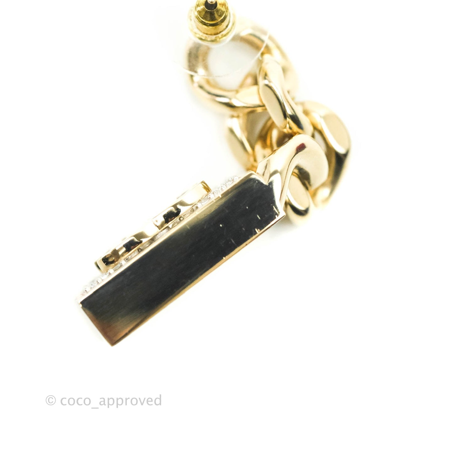 Chanel Chain CC Crystal Plate Drop Earrings Gold Tone 21C