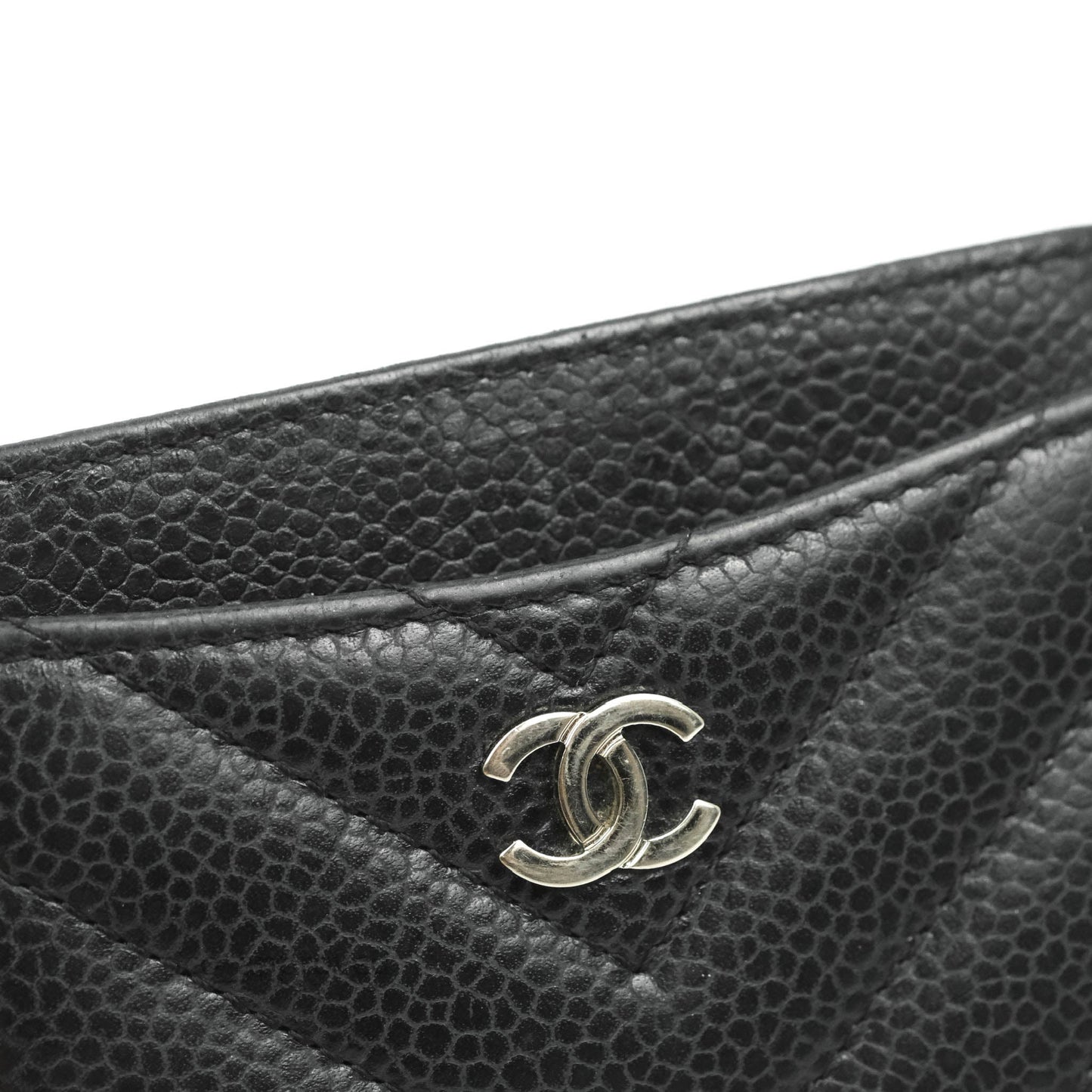 Chanel Classic Chevron Flat Card Holder Black Caviar Silver Hardware