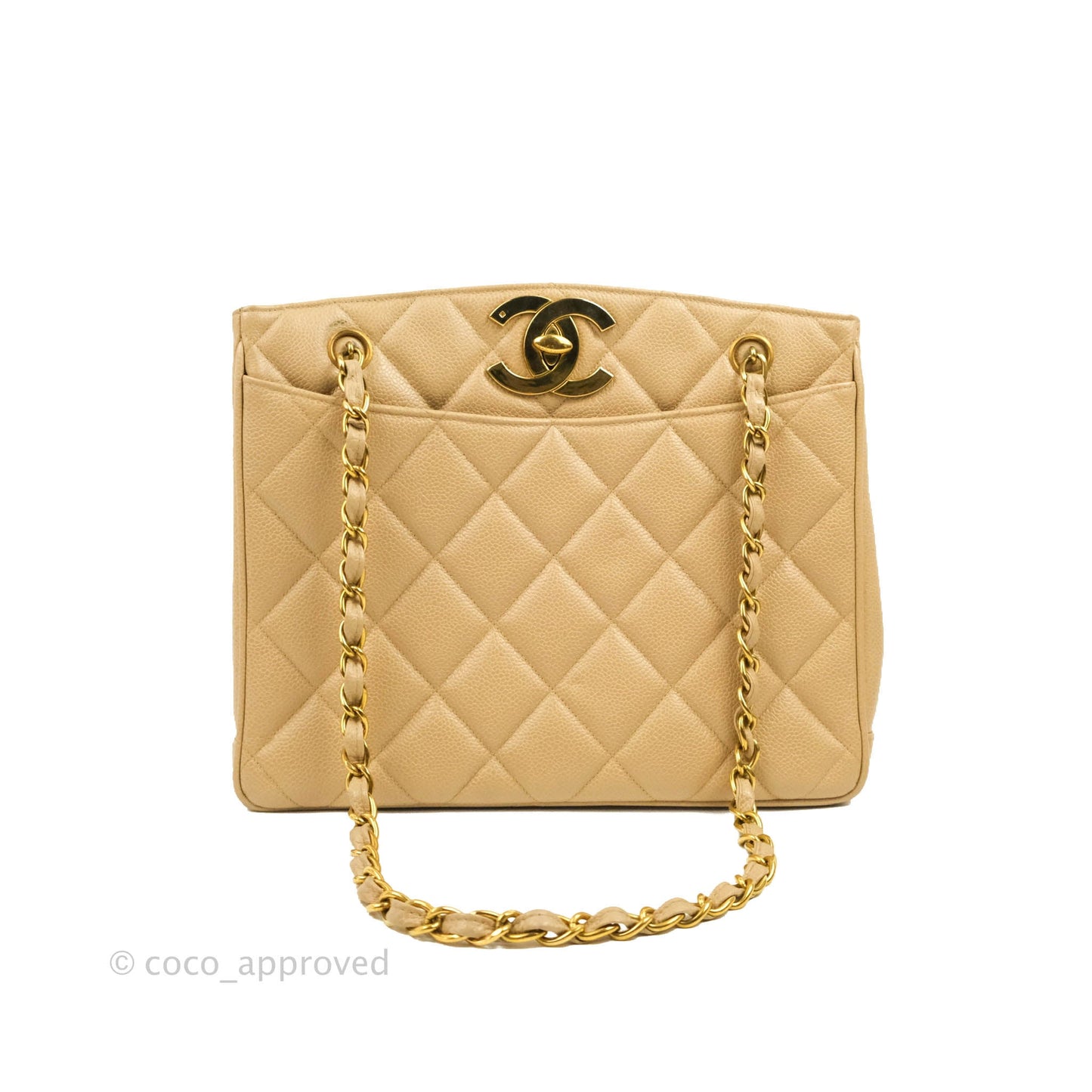 Chanel Vintage CC Quilted Tote Dark Beige Caviar 24K Gold Hardware