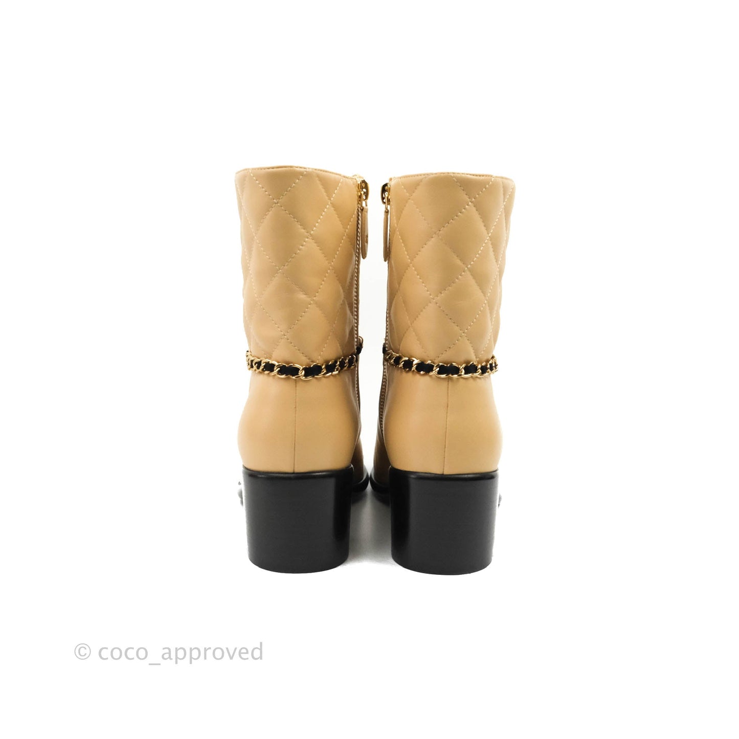 Chanel Chain Link CC Cap-toe Ankle Boots Beige Lambskin Black Suede Size 38.5