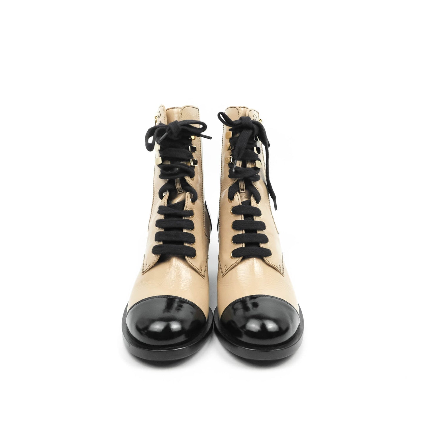 Chanel Beige Black Calfskin CC Lace Up Short Boots 37.5