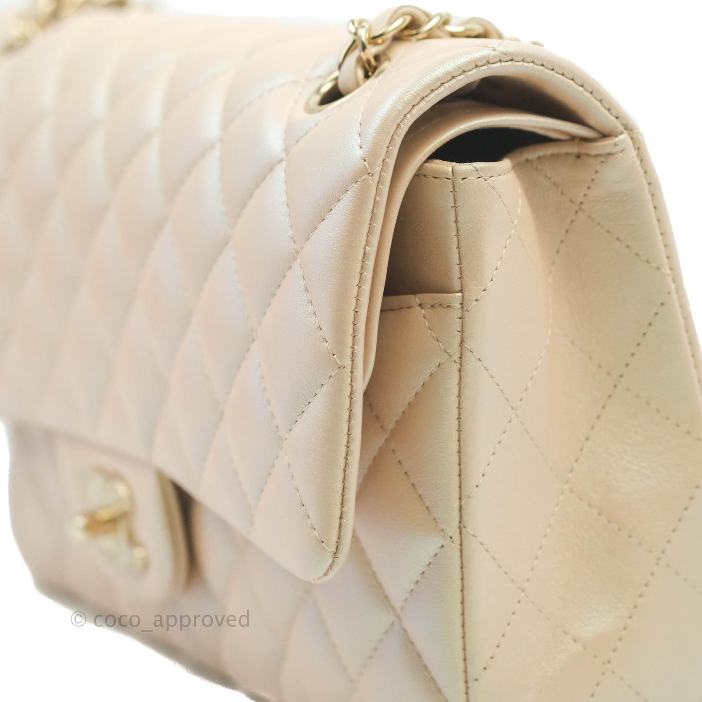 Chanel Classic M/L Medium Double Flap Iridescent Beige Calfskin Gold Hardware 21S