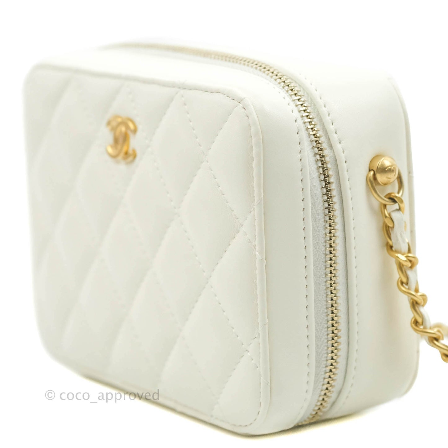 Chanel Mini Pearl Crush Quilted Camera Case White Lambskin Aged Gold Hardware