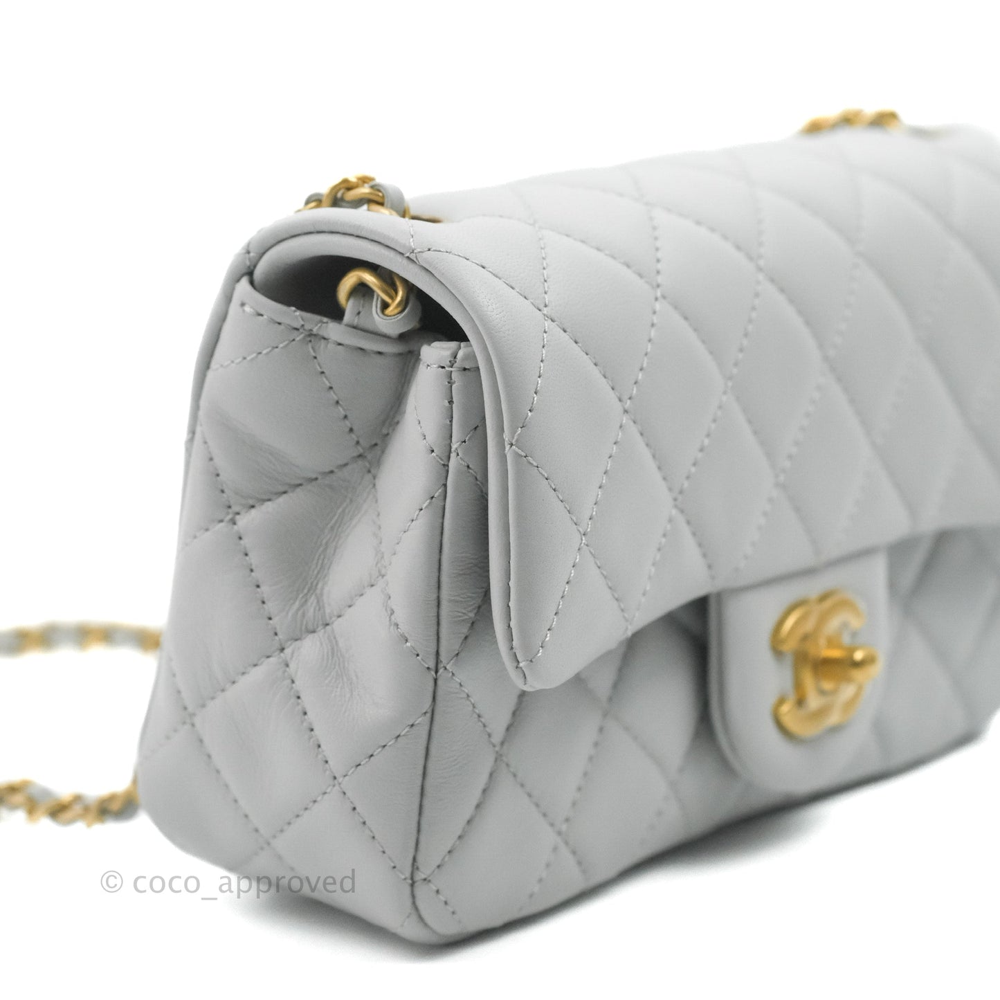 Chanel Quilted Mini Rectangular Pearl Crush Light Grey Lambskin Aged Gold Hardware