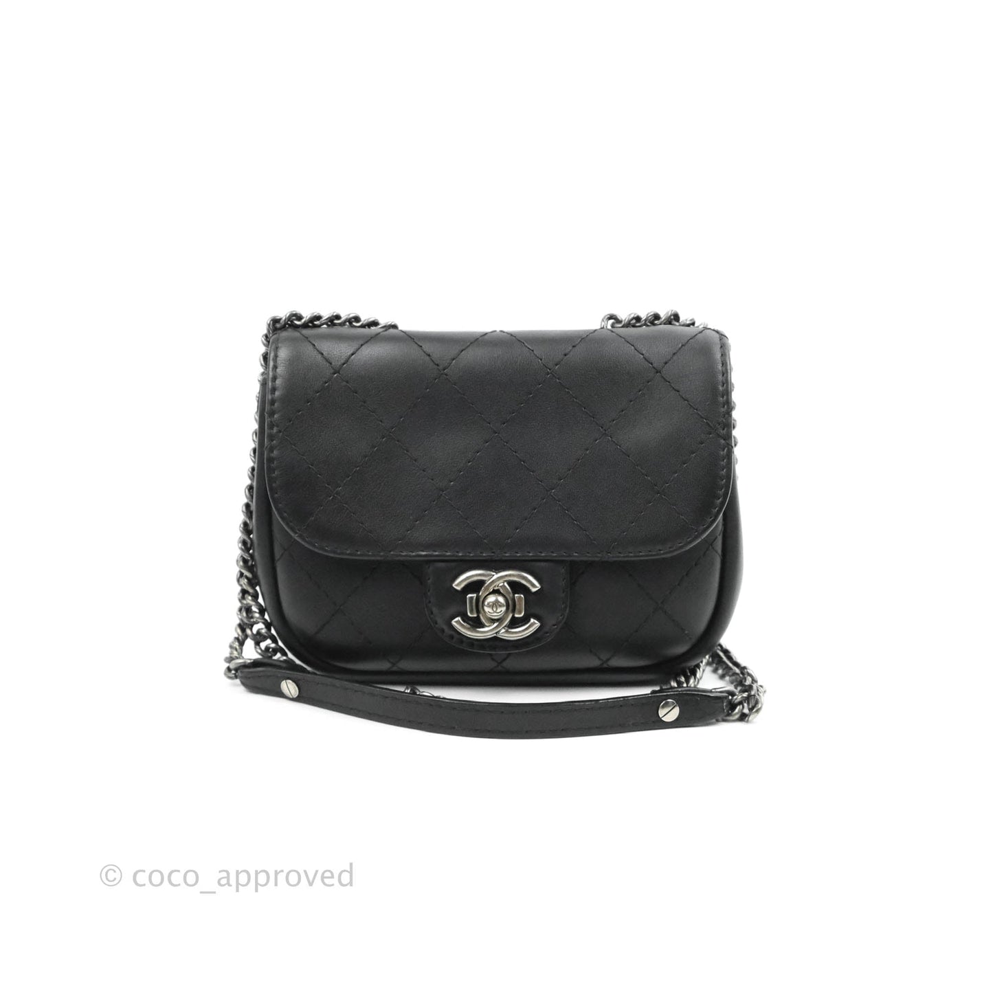 Chanel Flat Quilted Small Messenger Bag Black Calfskin Ruthenium Hardware