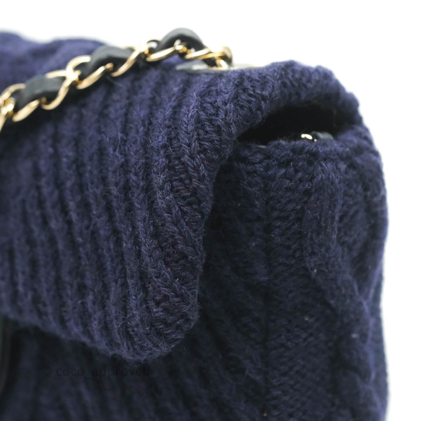 Chanel Mini Rectangular Flap Navy Blue Cable Knit Gold Hardware