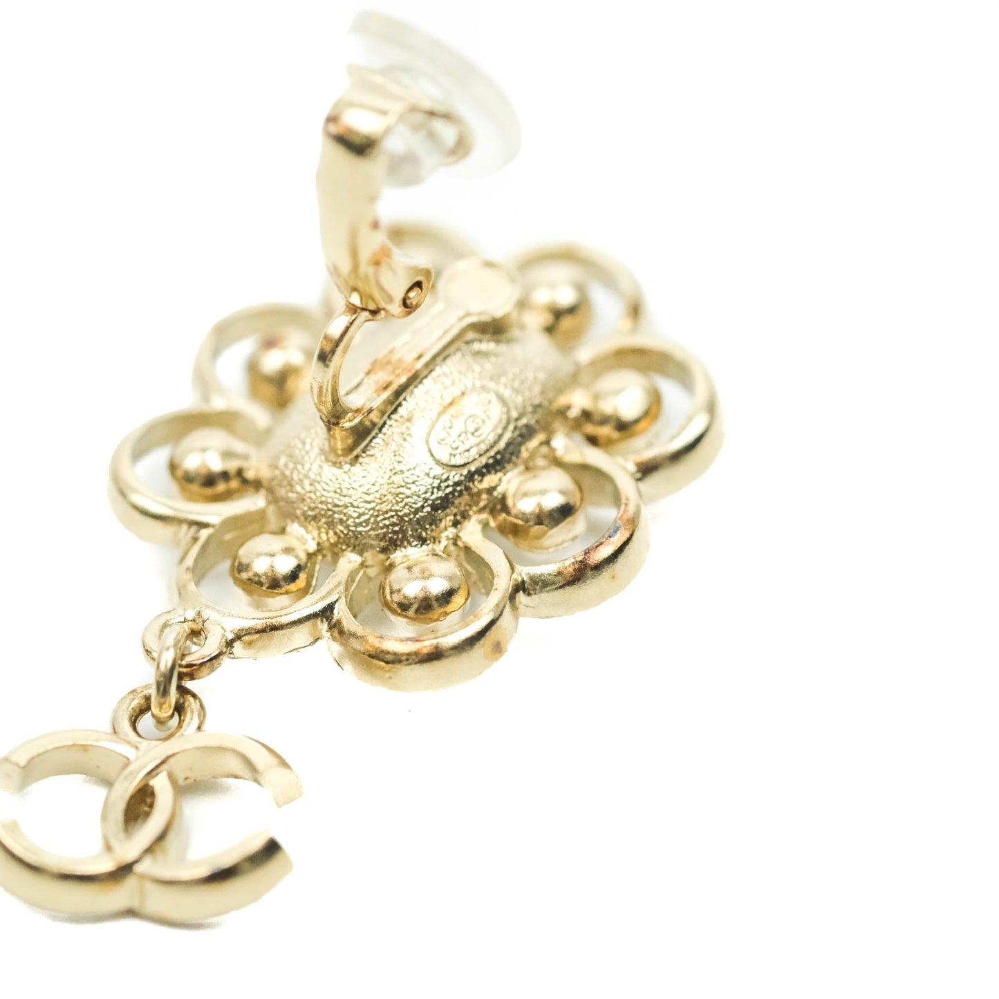 Chanel Crystal Pearl Drop CC Earrings Clip-On Gold Tone 19P