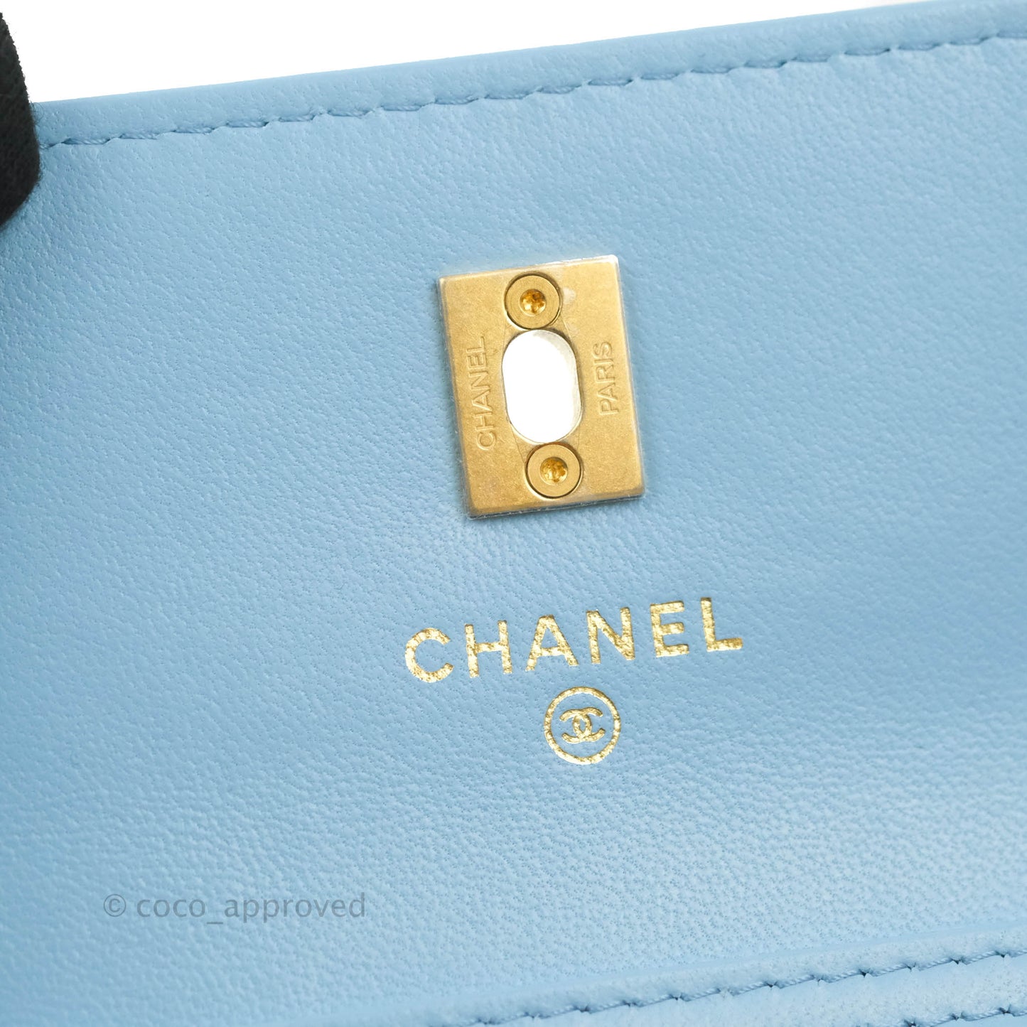 Chanel Pearl Crush Mini Clutch With Chain Blue Lambskin Aged Gold Hardware