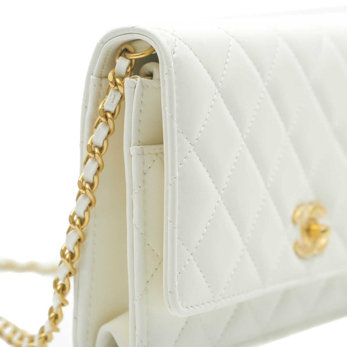 Chanel Quilted Pearl Crush Wallet on Chain WOC White Lambskin Aged Gold Hardware