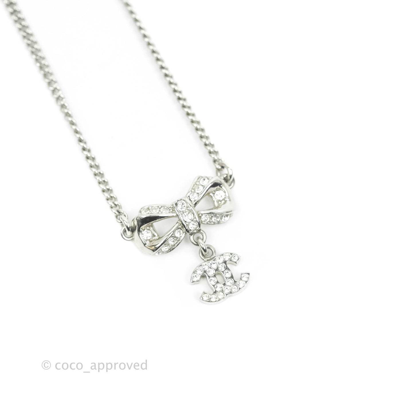 Chanel Ribbon Crystal Drop CC Necklace Silver Tone 18P
