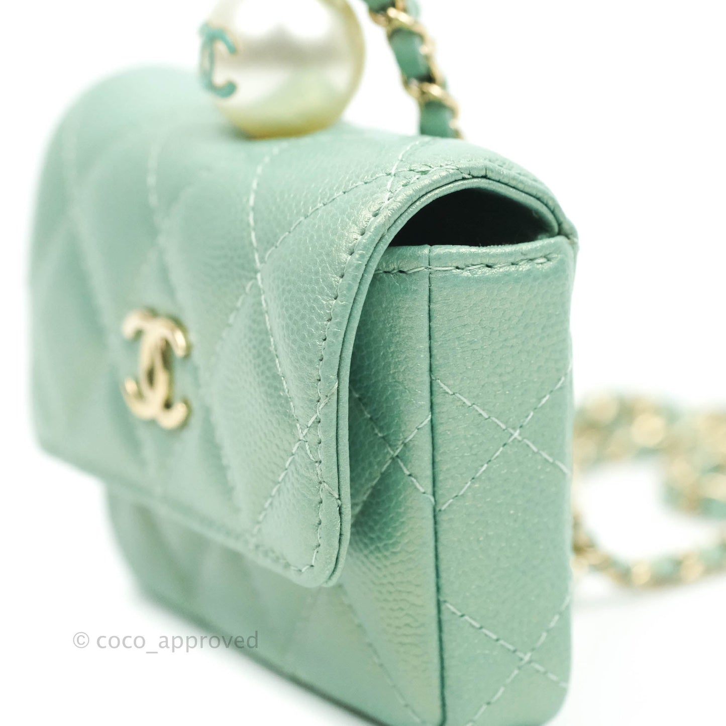 Chanel Quilted Card Holder With Chain Iridescent Mint Caviar Gold Hardware