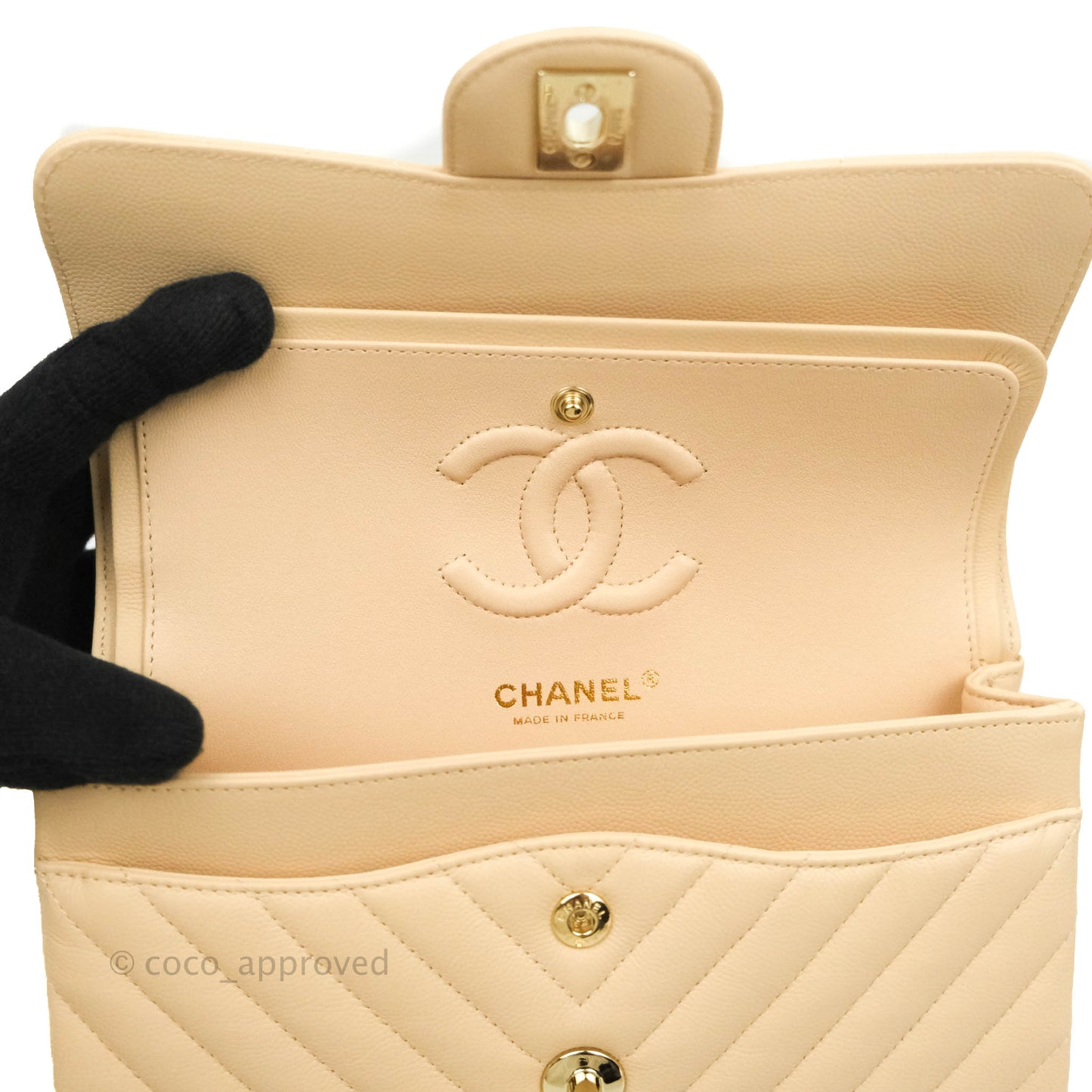 Chanel Classic S/M Small Double Flap Chevron Beige Caviar Gold Hardware
