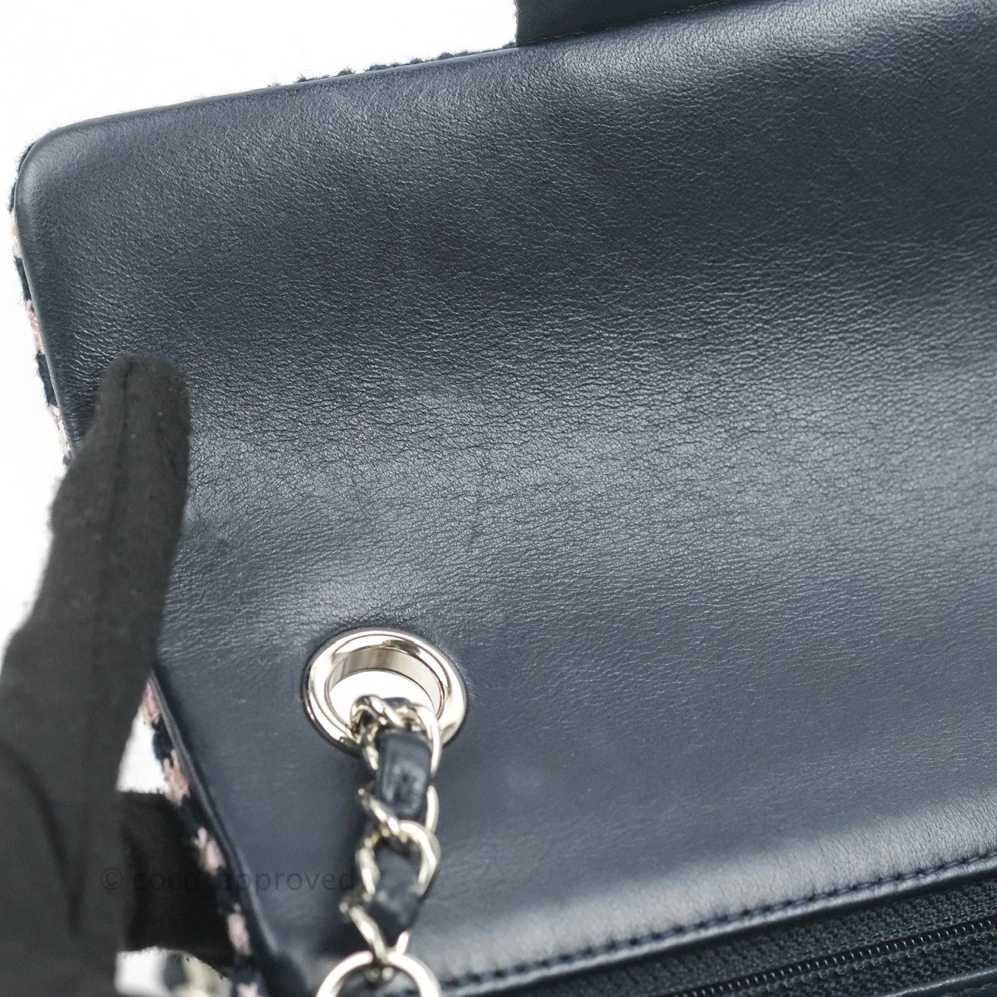 Chanel Mini Rectangular Flap Bag Navy Pink Striped Tweed Silver Hardware