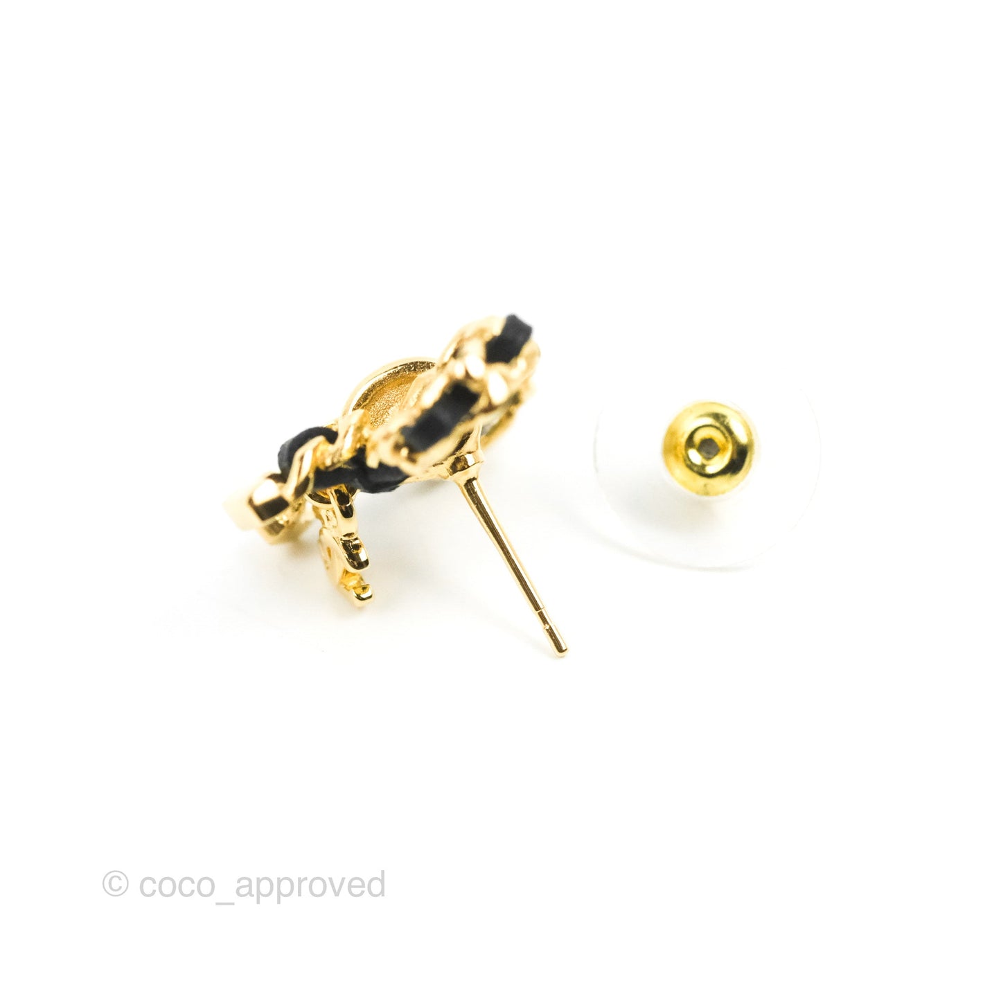 Chanel Lambskin Chain Bow Stud Earrings Black Gold 22A