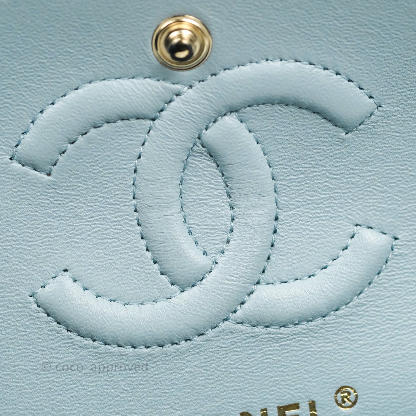 Chanel Small Classic Quilted Flap Light Blue Caviar Gold Hardware