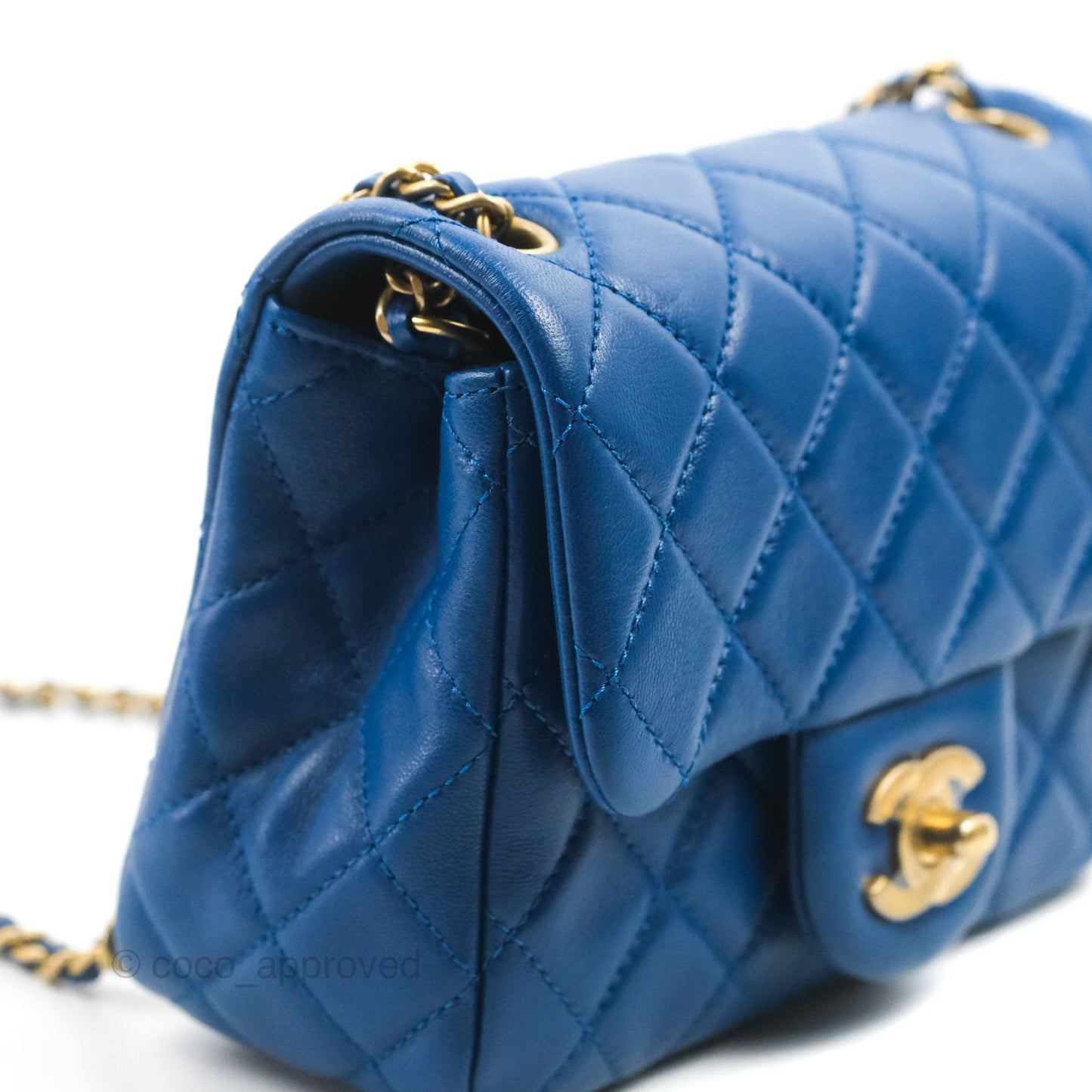 Chanel Mini Square Pearl Crush Quilted Blue Lambskin Aged Gold Hardware