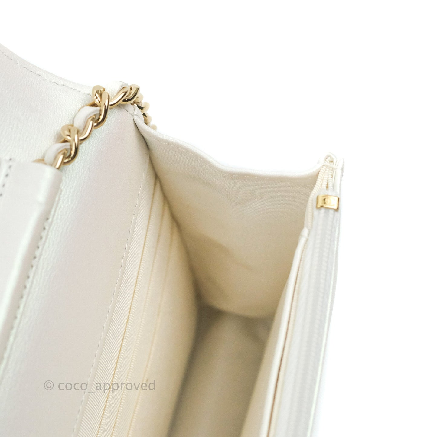 Chanel Quilted Classic Wallet on Chain WOC Iridescent White Lambskin Gold Hardware