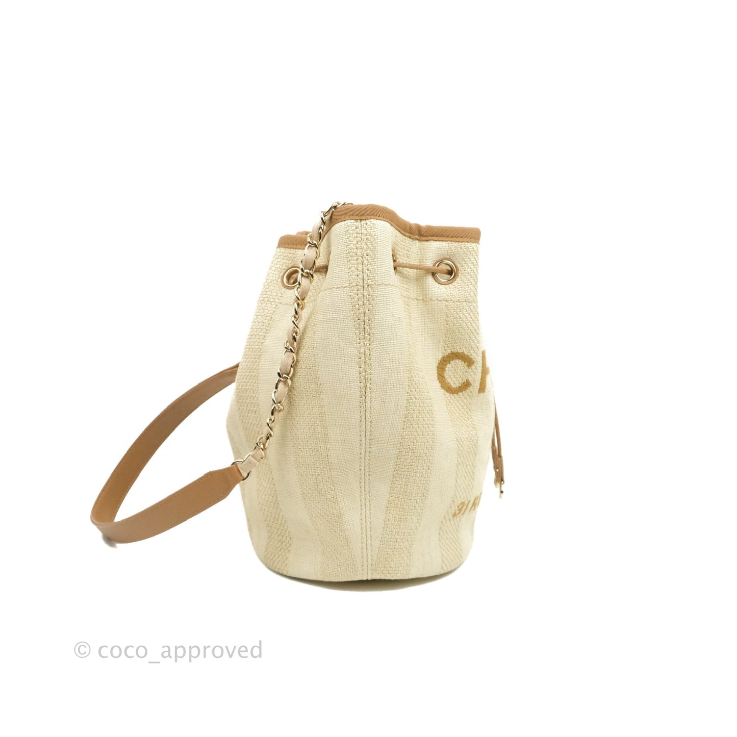 Chanel Raffia Canvas Deauville Drawstring Bucket Bag Brown Gold Hardware