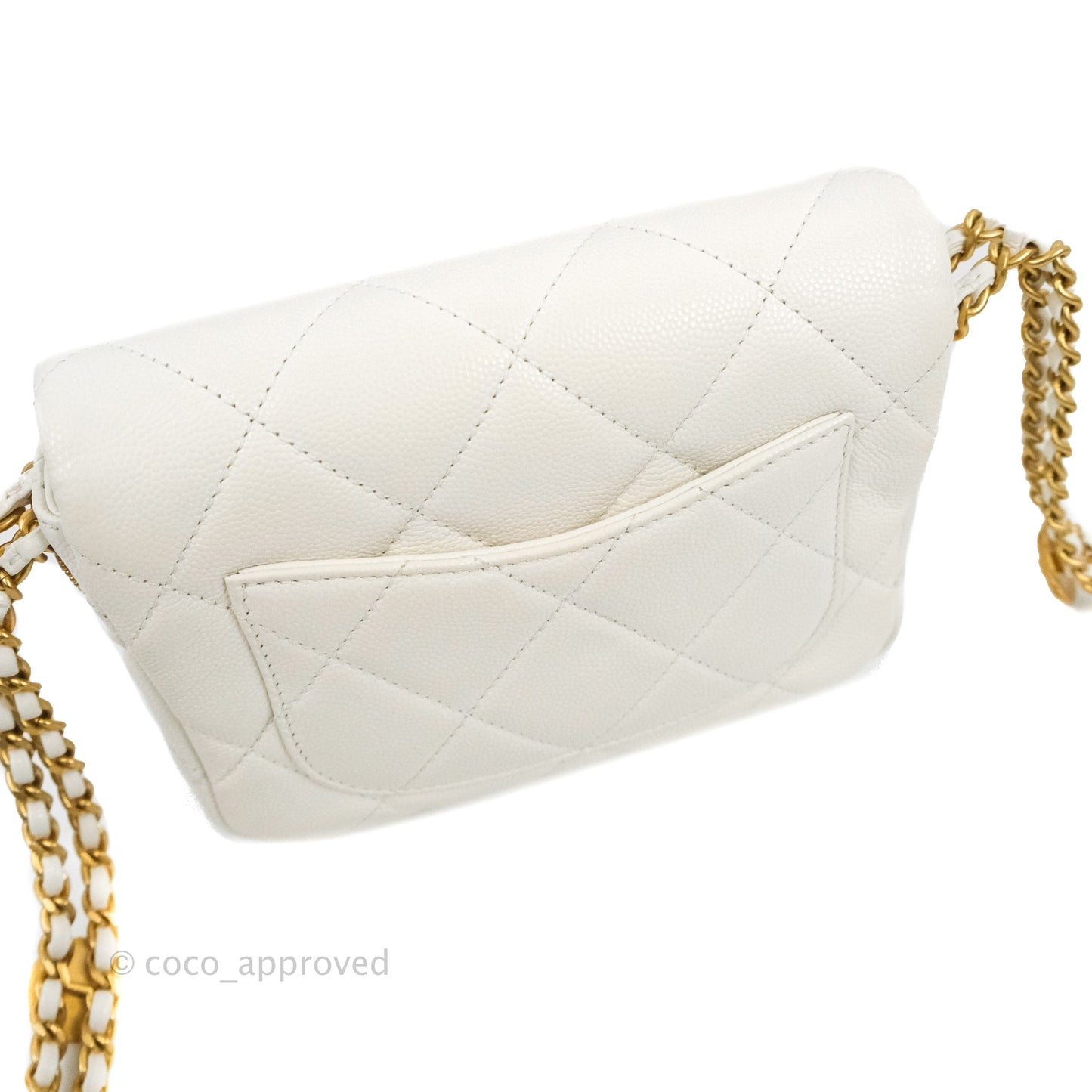 Chanel Mini Flap with Coin Charm White Caviar Aged Gold Hardware 22A