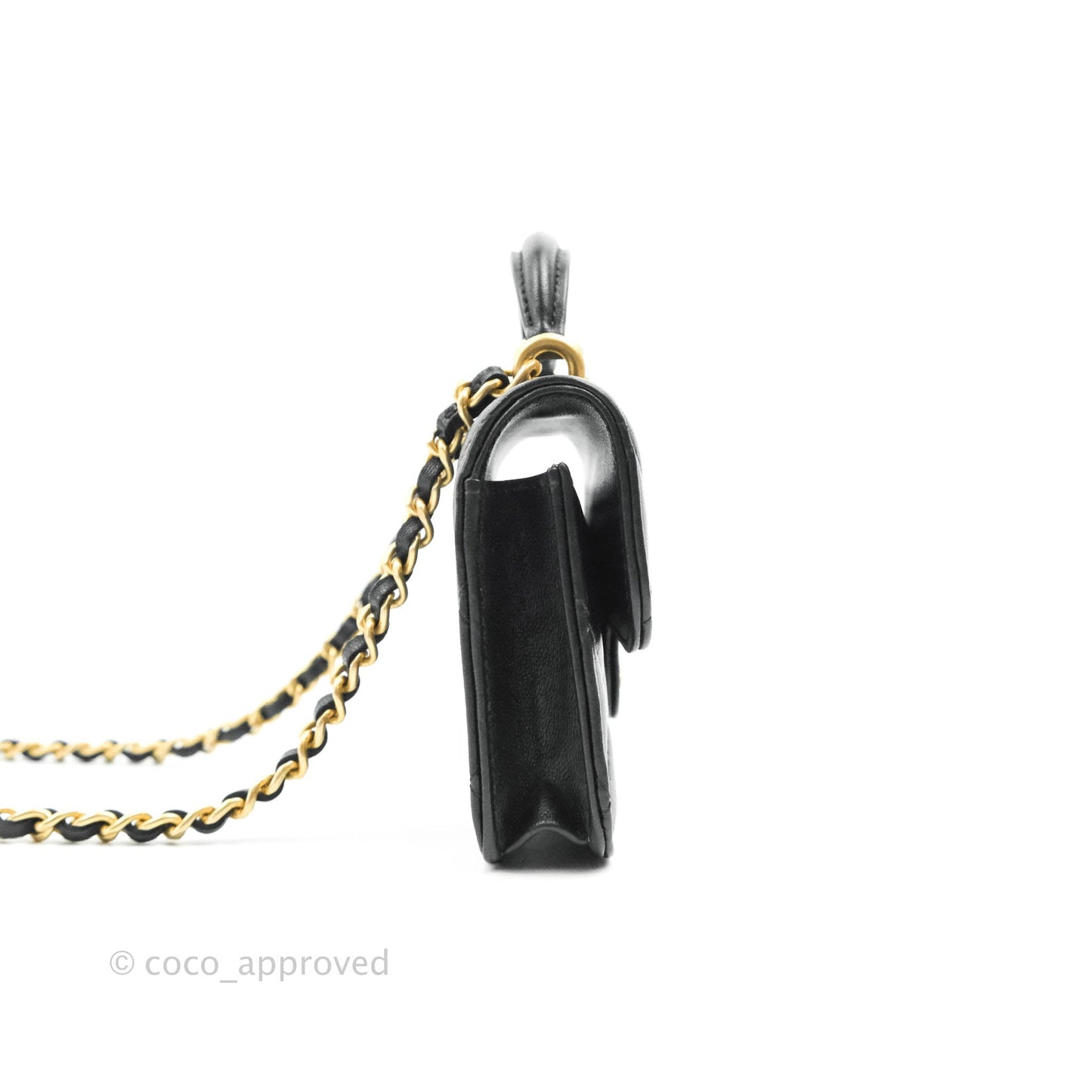 Chanel Mini Handle Flap Coin Purse With Chain Black Lambskin Gold Hardware
