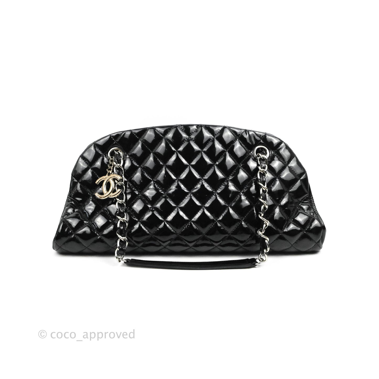 Chanel Mademoiselle Medium Bowling Black Patent Leather Silver Hardware