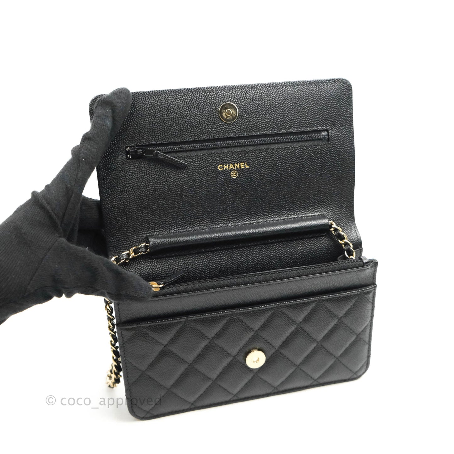 Chanel Quilted WOC Black Caviar Gold Hardware With Charms