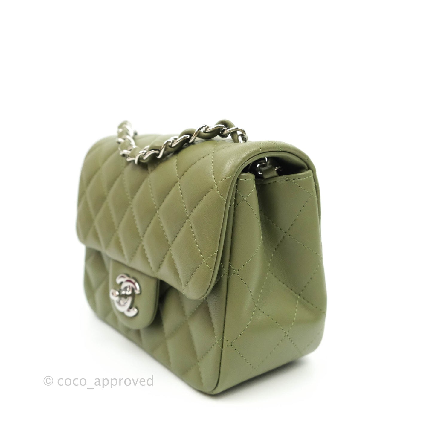 Chanel Quilted Mini Square Olive Green Lambskin Silver Hardware 21B
