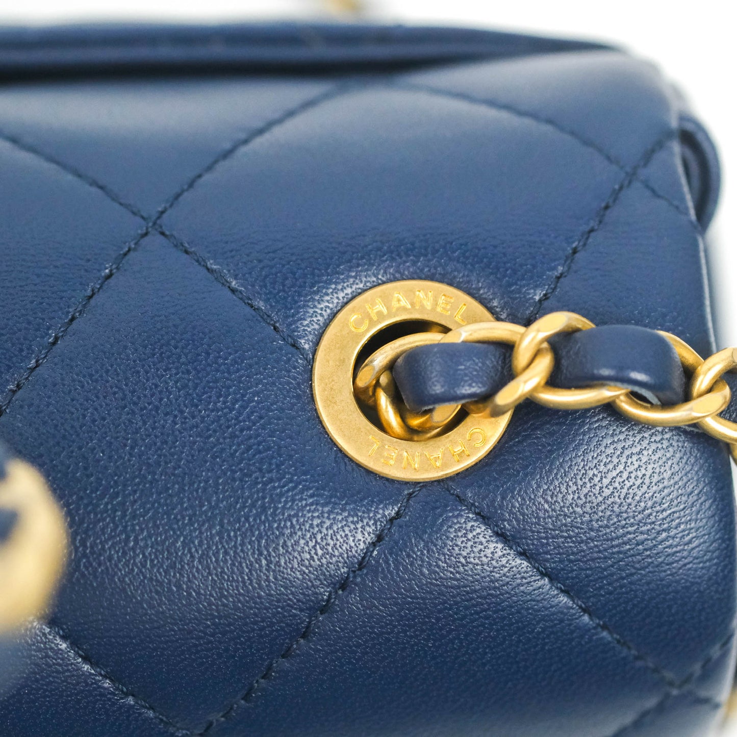 Chanel Circular Handle Flap Bag Navy Lambskin Aged Gold Hardware